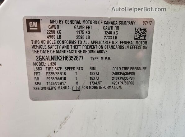 2GKALNEK2H6352877 2017 GMC TERRAIN White Панорамний вид салону 360°