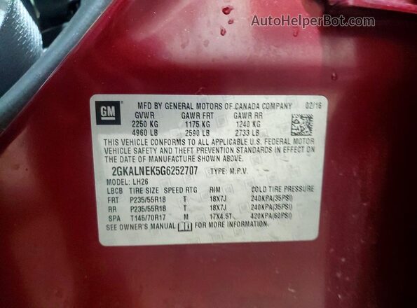 2GKALNEK5G6252707 2016 GMC TERRAIN Burgundy Widok komory silnika