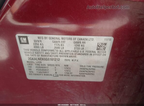 2GKALNEK6G6181212 2016 GMC TERRAIN Maroon Widok komory silnika