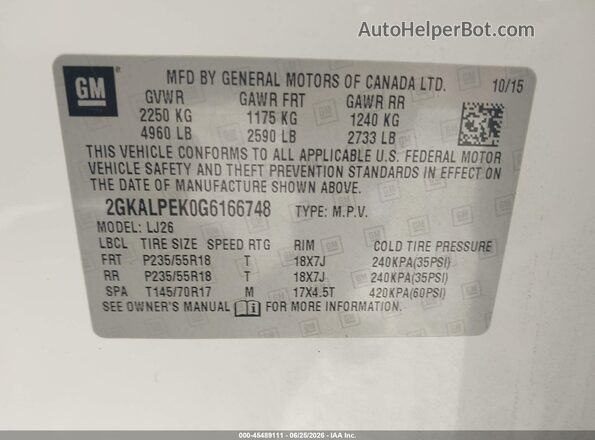 2GKALPEK0G6166748 2016 GMC TERRAIN White Շարժիչի բաժամունքի տեսք