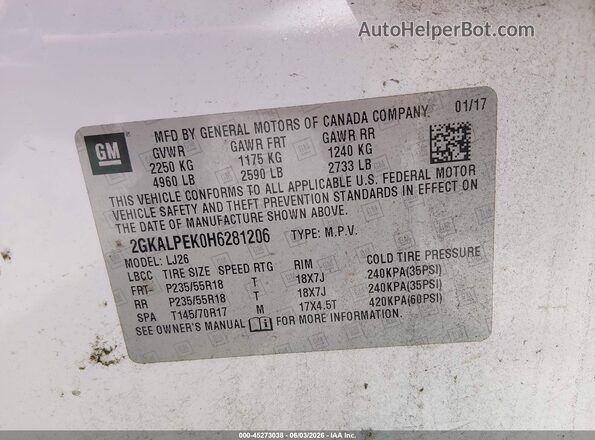 2GKALPEK0H6281206 2017 GMC TERRAIN White Widok komory silnika