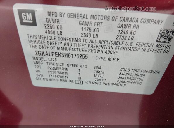 2GKALPEK3H6176255 2017 GMC TERRAIN Red Շարժիչի բաժամունքի տեսք