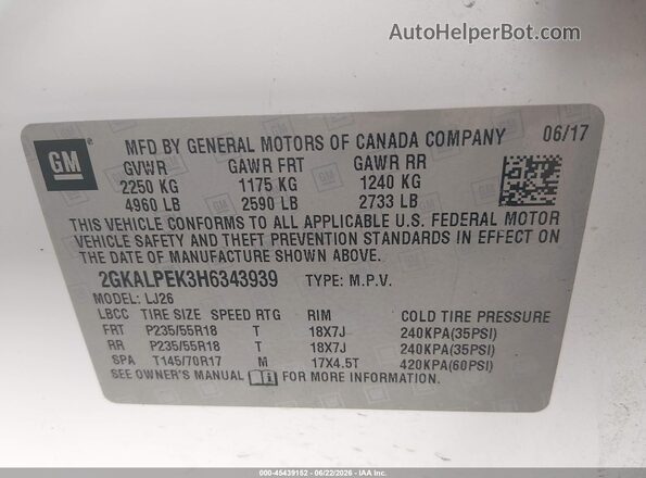 2GKALPEK3H6343939 2017 GMC TERRAIN White Vista del compartimento del motor