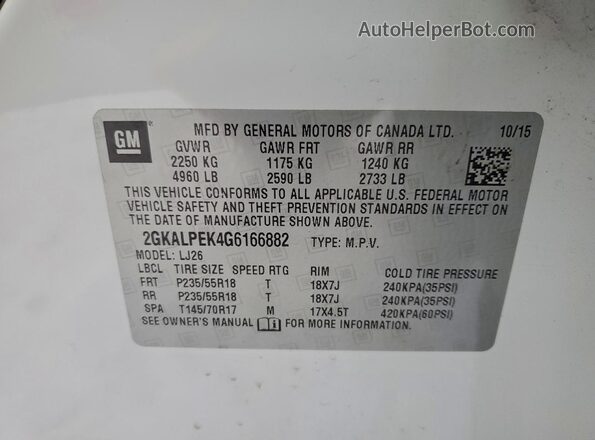 2GKALPEK4G6166882 2016 GMC TERRAIN White VIN კოდის სტიკერის ხედი