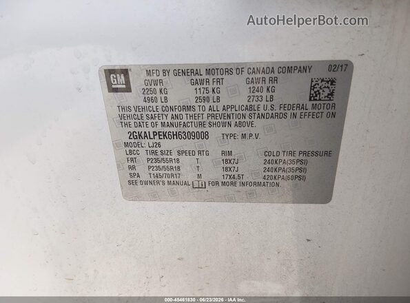 2GKALPEK6H6309008 2017 GMC TERRAIN Белый Вид подкапотного пространства
