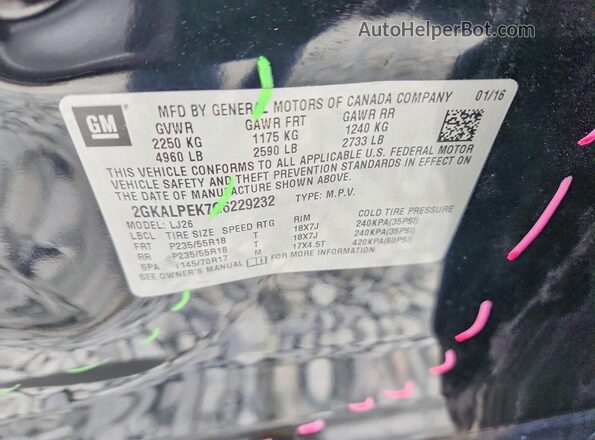 2GKALPEK7G6229232 2016 GMC TERRAIN Black Widok naklejki z numerem VIN