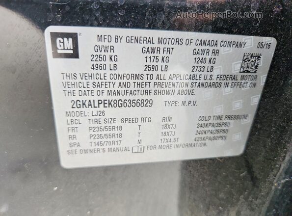 2GKALPEK8G6356829 2016 GMC TERRAIN Black Widok naklejki z numerem VIN