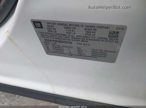 2GKALPEK9G6229765 2016 GMC TERRAIN Белый Вид подкапотного пространства