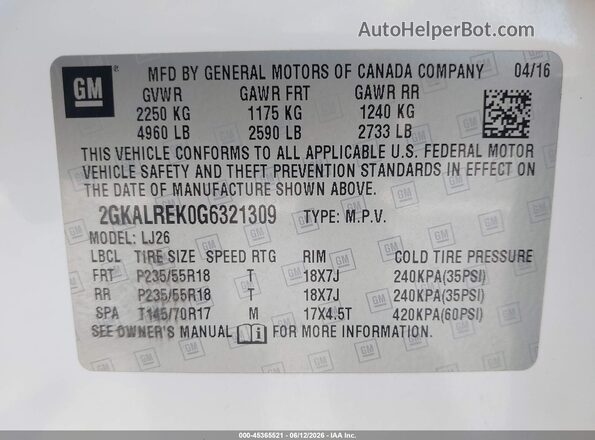 2GKALREK0G6321309 2016 GMC TERRAIN White VIN sticker view