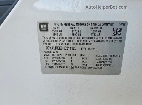 2GKALREK8H6211125 2017 GMC TERRAIN White VIN კოდის სტიკერის ხედი