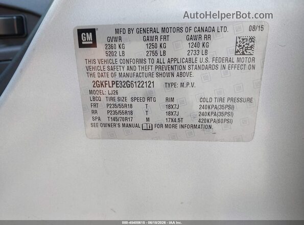 2GKFLPE32G6122121 2016 GMC TERRAIN Серебряный Вид подкапотного пространства