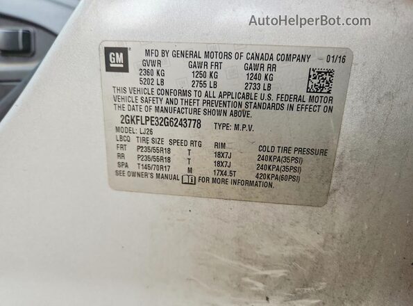 2GKFLPE32G6243778 2016 GMC TERRAIN Silver Вид наклейки з VIN-кодом