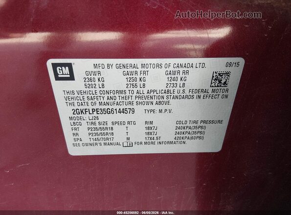 2GKFLPE35G6144579 2016 GMC TERRAIN Burgundy 