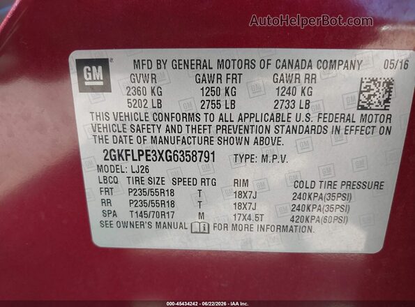 2GKFLPE3XG6358791 2016 GMC TERRAIN Red ძრავის განყოფილების ხედი
