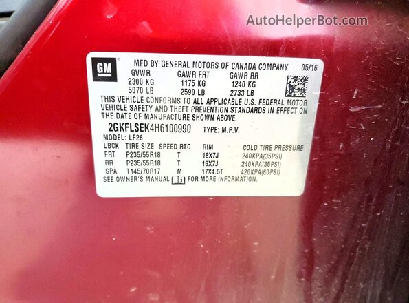 2GKFLSEK4H6100990 2017 GMC TERRAIN Burgundy Widok naklejki z numerem VIN