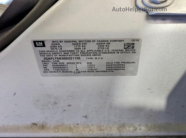 2GKFLTEK3G6221126 2016 GMC TERRAIN Серебряный Вид наклейки с VIN-кодом