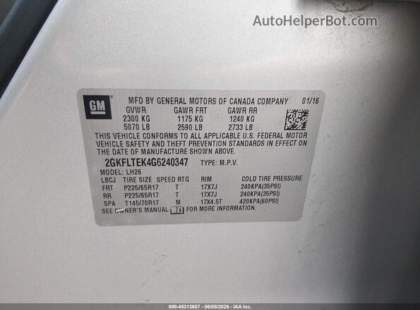 2GKFLTEK4G6240347 2016 GMC TERRAIN Gray ძრავის განყოფილების ხედი