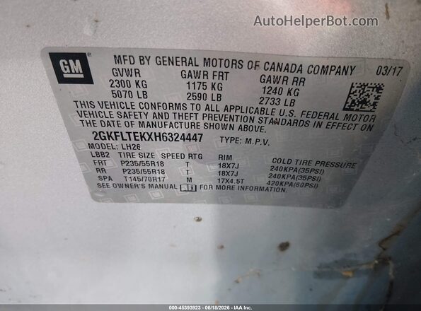 2GKFLTEKXH6324447 2017 GMC TERRAIN Silver Вид підкапотного простору