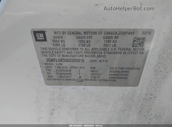 2GKFLUE33G6265819 2016 GMC TERRAIN White ძრავის განყოფილების ხედი