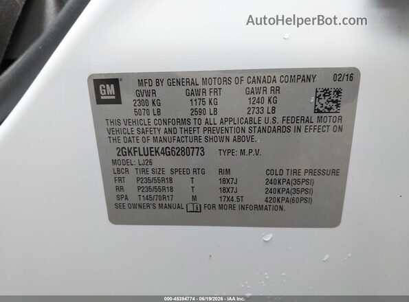 2GKFLUEK4G6280773 2016 GMC TERRAIN White Widok komory silnika