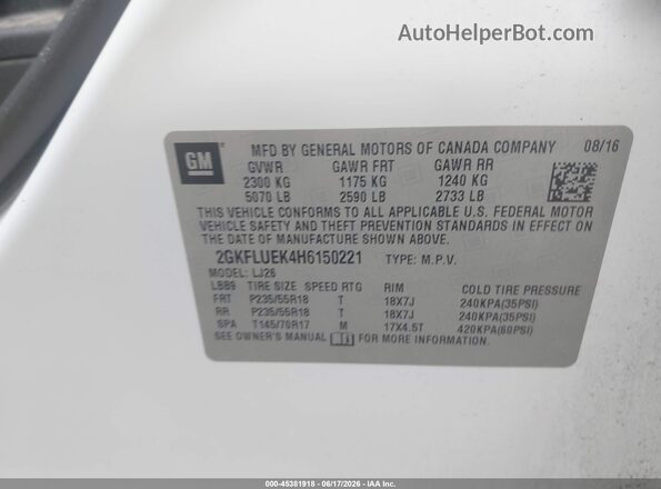 2GKFLUEK4H6150221 2017 GMC TERRAIN White Widok komory silnika