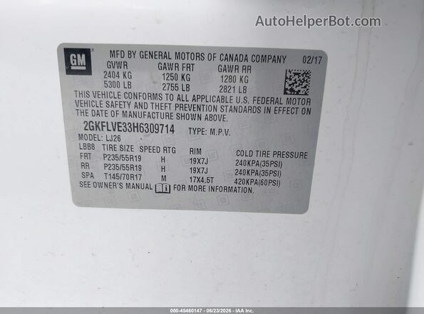 2GKFLVE33H6309714 2017 GMC TERRAIN White Вид підкапотного простору