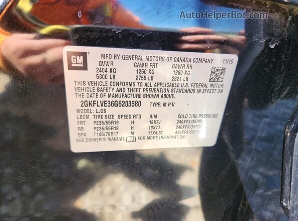 2GKFLVE36G6203580 2016 GMC TERRAIN Black Вид наклейки з VIN-кодом