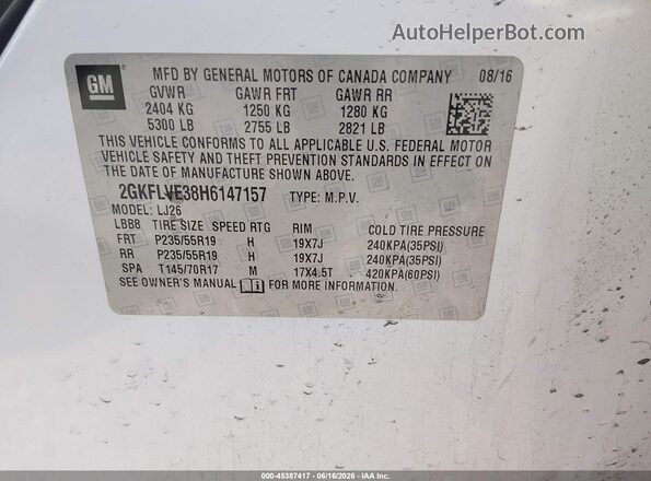 2GKFLVE38H6147157 2017 GMC TERRAIN White Вид підкапотного простору