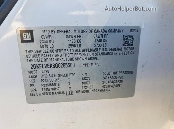 2GKFLVEK8G6285500 2016 GMC TERRAIN White 