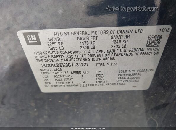 2GNALBEK0G1131727 2016 CHEVROLET EQUINOX Blue 