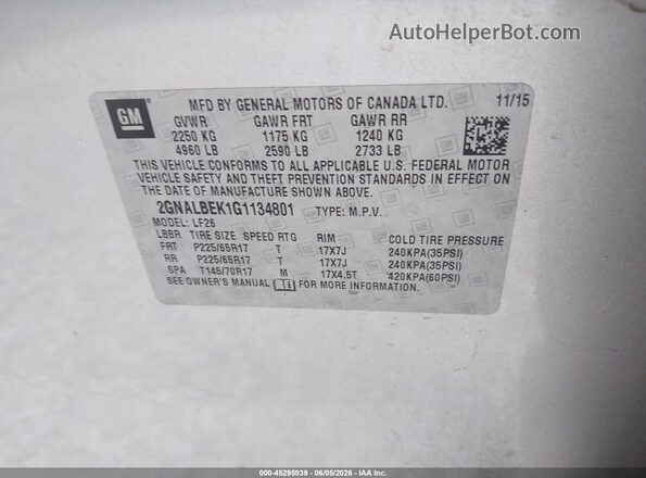 2GNALBEK1G1134801 2016 CHEVROLET EQUINOX White 