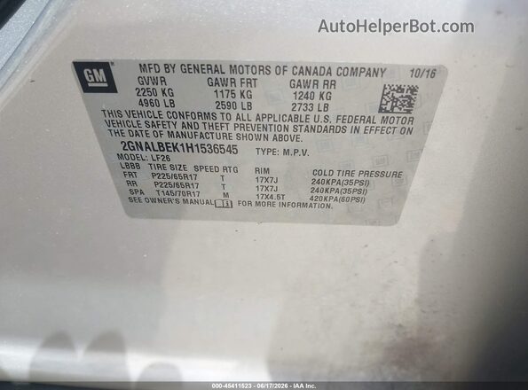 2GNALBEK1H1536545 2017 CHEVROLET EQUINOX Silver Engine compartment view