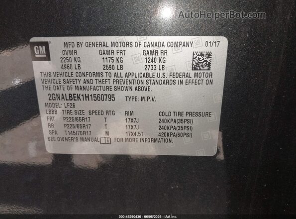 2GNALBEK1H1560795 2017 CHEVROLET EQUINOX Gray Widok komory silnika