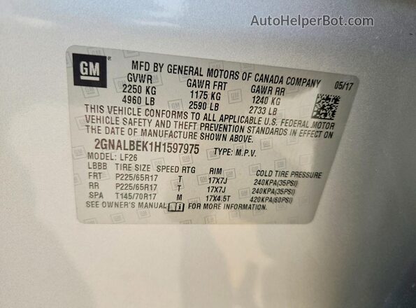 2GNALBEK1H1597975 2017 CHEVROLET EQUINOX Gray VIN կոդի պիտակի տեսք