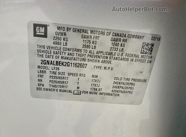 2GNALBEK2G1162607 2016 CHEVROLET EQUINOX Серебряный Вид наклейки с VIN-кодом