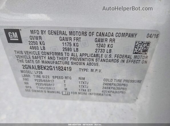 2GNALBEK2G1182419 2016 CHEVROLET EQUINOX Silver ძრავის განყოფილების ხედი