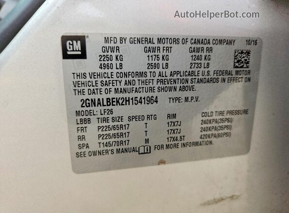 2GNALBEK2H1541964 2017 CHEVROLET EQUINOX Серебряный Вид наклейки с VIN-кодом