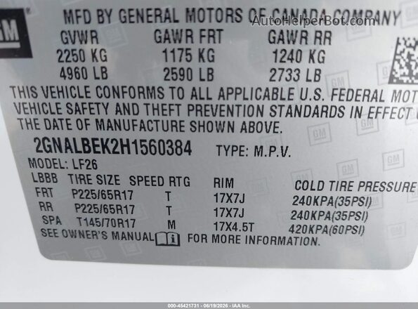 2GNALBEK2H1560384 2017 CHEVROLET EQUINOX White Vista del compartimento del motor