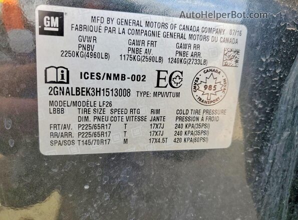 2GNALBEK3H1513008 2017 CHEVROLET EQUINOX Gray Вид наклейки з VIN-кодом