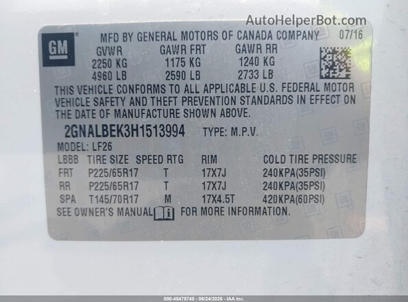 2GNALBEK3H1513994 2017 CHEVROLET EQUINOX White Вид підкапотного простору