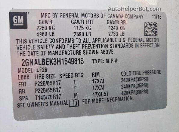 2GNALBEK3H1549815 2017 CHEVROLET EQUINOX White Widok naklejki z numerem VIN