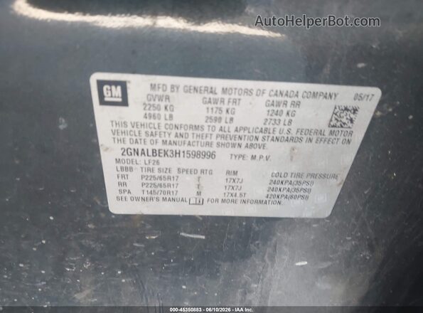 2GNALBEK3H1598996 2017 CHEVROLET EQUINOX Gray უკანა სავარძლების ხედი