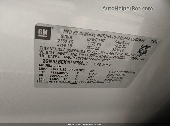 2GNALBEK4H1550634 2017 CHEVROLET EQUINOX Gray Շարժիչի բաժամունքի տեսք