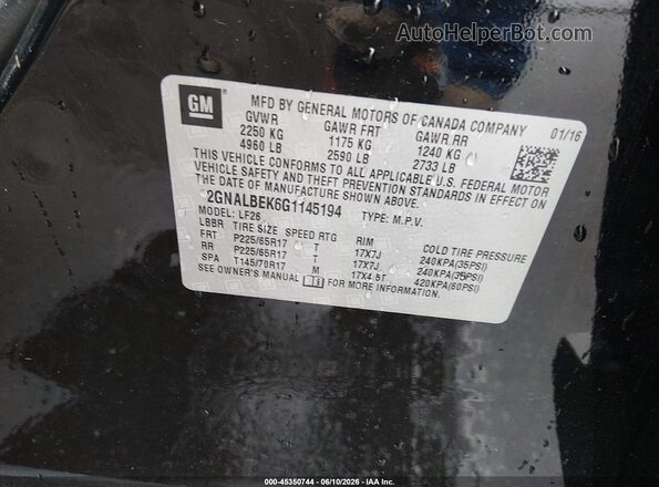 2GNALBEK6G1145194 2016 CHEVROLET EQUINOX Black Շարժիչի բաժամունքի տեսք