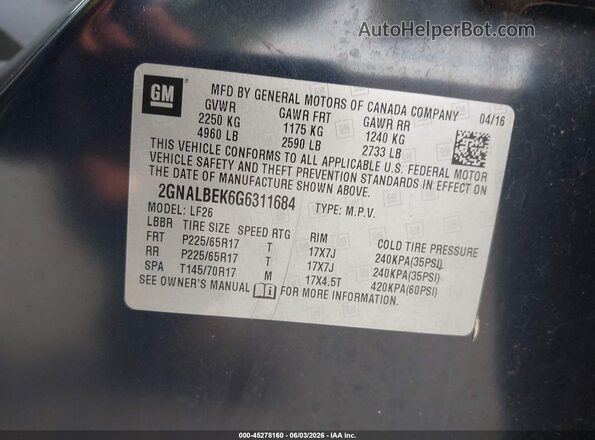 2GNALBEK6G6311684 2016 CHEVROLET EQUINOX Blue Vista del compartimento del motor