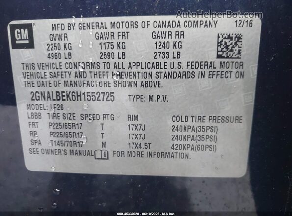 2GNALBEK6H1552725 2017 CHEVROLET EQUINOX Blue ძრავის განყოფილების ხედი
