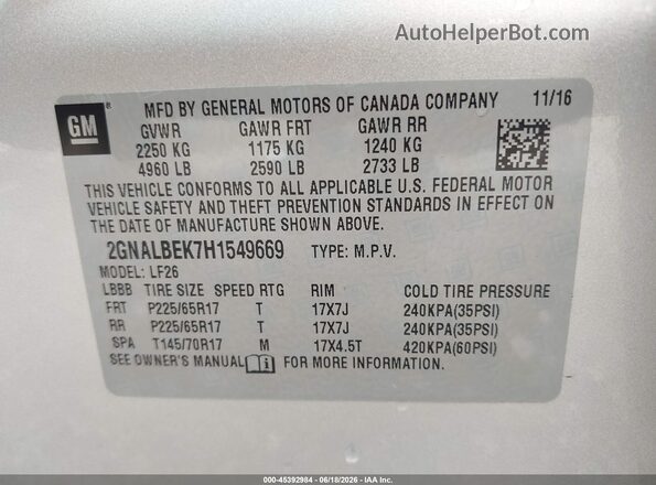 2GNALBEK7H1549669 2017 CHEVROLET EQUINOX Silver ძრავის განყოფილების ხედი