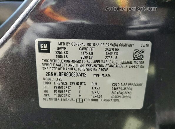 2GNALBEK8G6307412 2016 CHEVROLET EQUINOX Gray VIN կոդի պիտակի տեսք