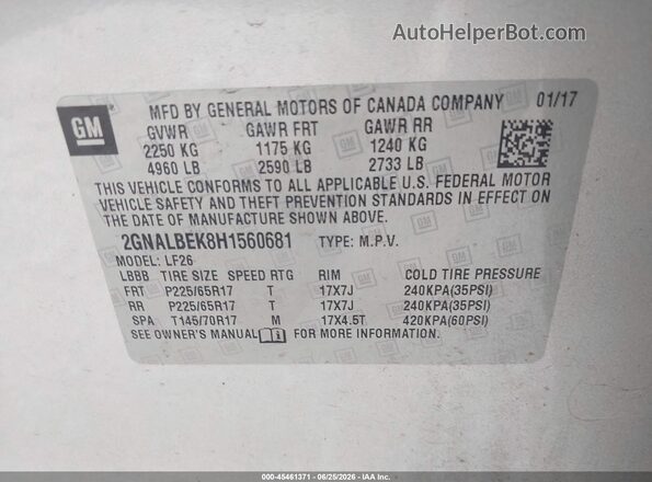 2GNALBEK8H1560681 2017 CHEVROLET EQUINOX Gray Вид підкапотного простору