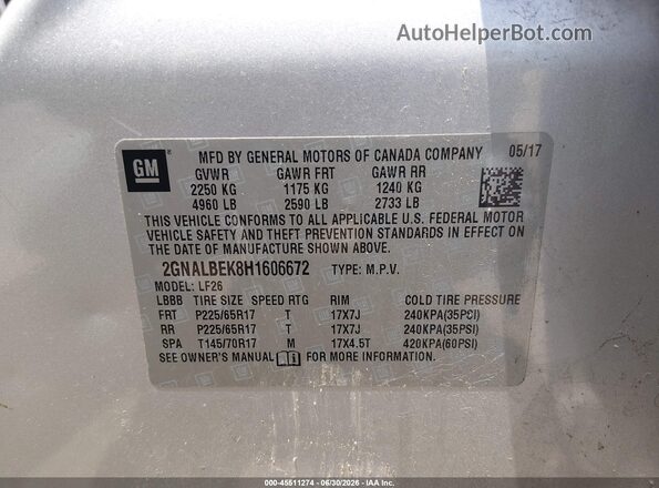 2GNALBEK8H1606672 2017 CHEVROLET EQUINOX Silver Вид підкапотного простору